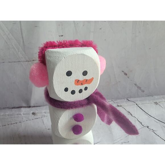 Wooden Handmade Snowman Pink Purple Winter Tiered Tray Home Decor Shelf Sitter - Picture 2 of 5